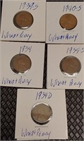 1939,1940,1934,1935,1934 wheat pennies