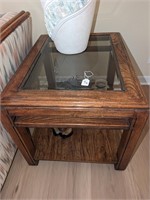 Vintage Wood & Etched Glass Inlay End Table