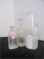 1 frosted bottle 2 vintage clear glass bottles