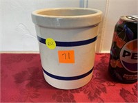 Vintage, small white crock with blue lines