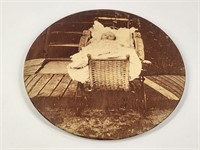 ANTIQUE CELLULOID BABY IN CARRIAGE BUTTON PHOTO