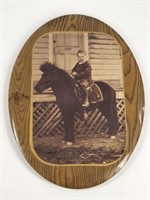 ANTIQUE CELLULOID BUTTON PHOTO  BOY ON MINI HORSE
