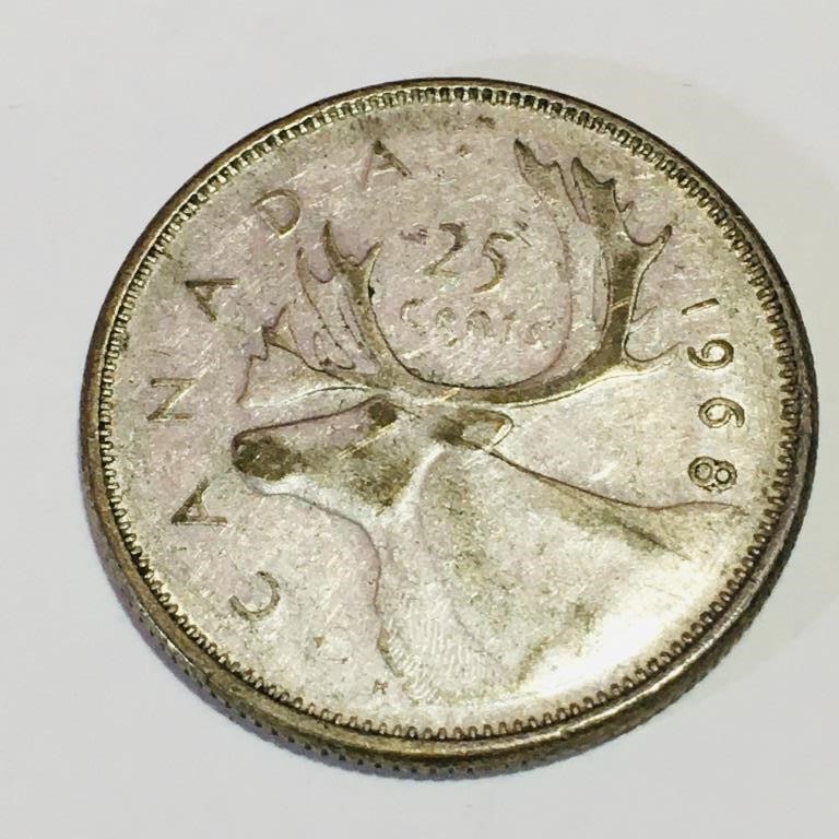 Silver 1968 Canada 25 Cent Coin