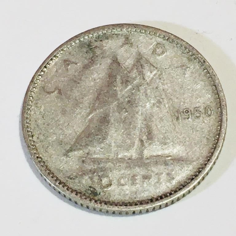 Silver 1950 Canada 10 Cent Coin