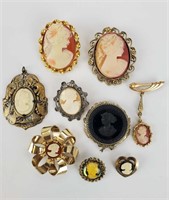 Vintage Lot Of 9 Cameo Brooches