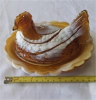 Hen on Nest.  Butterscotch Slag Glass.