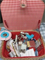 Sewing Kit in Basket, Thread, Tape Measure, Pins