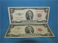 2pc US Red Seal $2 Bill -1953 & 1963 Two $ Notes