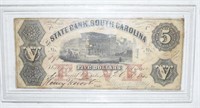 1855 STATE BANK OF SOUTH CAROLINA FIVE DOLLAR NOTE