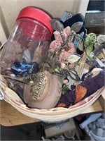 Basket with sewing items, threads, ribbons