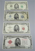 (4) $5 U.S. Bills Includes a Miscut, Red & Blue