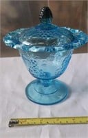 Blue Grape Glass Compote with Lid. Lace Rim.