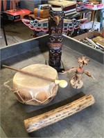 Totem Pole, Wood Kachina, Drum & Rain Stick