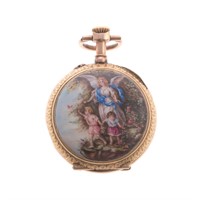A Lady's 18K Miniature Swiss Enamel Pocket Watch