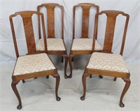 Set of Four Burl Walnut Queen Anne Dining Chairs
