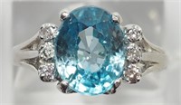 $3750. 14K Blue Zircon Diamond Ring