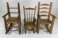 3 mini rocking rocking chairs and one metal chair