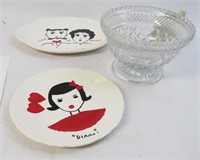 Unique Hand Painted Plates and Custard Dish