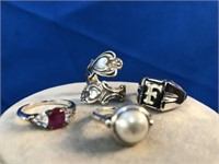 4 Beautiful Sterling Silver Rings-Ruby, Pearl +