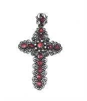 Victorian Sterling Cross Pendant Pink Gems Pearls