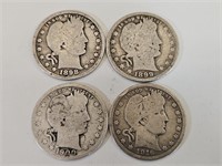 4 Silver Barber Quarters Coins 1898. 99, 1900 +