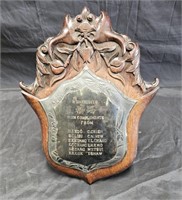 Antique carved walnut presentation plaque with a