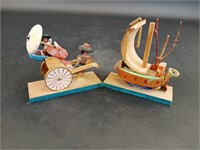 Vintage Wood Carvings of Boat & Geisha Pull Cart