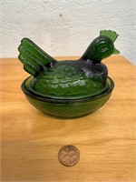 Vintage Green Glass Hen & Nest