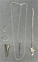 (D) Sterling Silver Earrings, Tie Clip, Necklace
