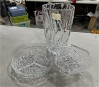 Large Glass Flower Vase, Divided Dish and Footed C