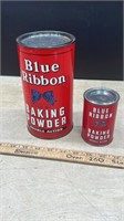 2 Blue Ribbon Baking Powder Tins.