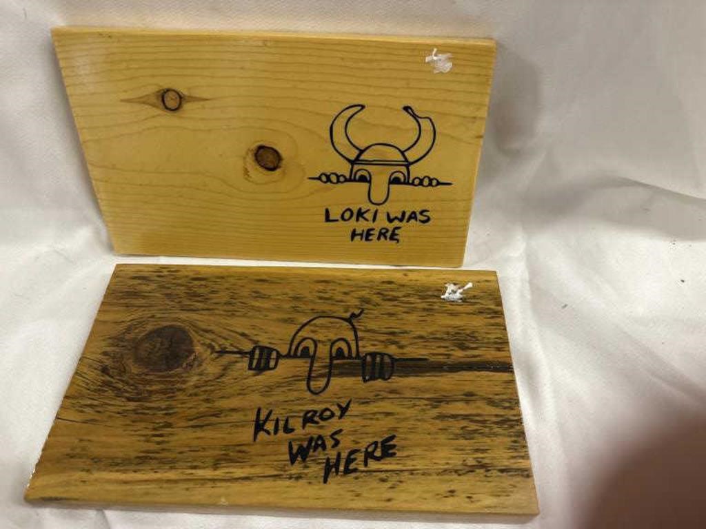 2 wooden 12 by 7” KILROY , LOKI or ( Ziggy) wall