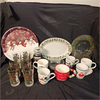 CHRISTMAS DISHES, GLASSES, MUGS & CANDLE