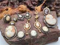 Lot of Vtg Cameo Earrings, Brooches +