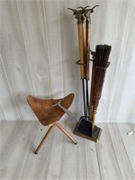 Leather Longhorn Stool; Longhorn Fireplace Tools