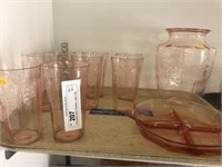 Pink Depression Tumblers, Vase, and Divided Dish