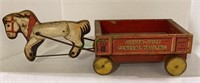 Antique wooden galloping horse w/rolling wagon