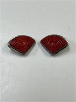 SAJEN RED CINNABAR STERLING FAN CARVED EARRINGS