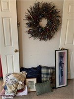 LARGE LOT OF MISC PILLOWS / & WREATH
