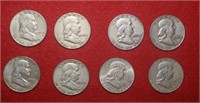 (8) Franklin Half Dollars 1951 to 1963 Mix