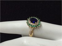 14k Gold Ring with Sapphire Emerald Halo