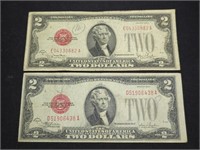Pair of antique 1928 $2 Red Seal US paper money