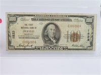 RARE 1929 Pueblo CO $100 Bill Currency Early Ser #