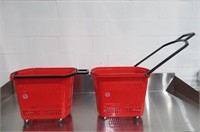 (2) Red Shopping Baskets with Wheels