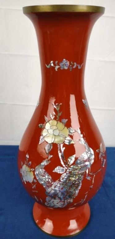 Red Lacquer Chinoiserie w/Inlaid MOP  Brass Vase