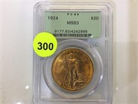1924  $20 GOLD DOUBLE EAGLE, PCGS MS63