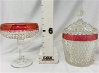 Diamond Point Crystal w/Ruby Stain Compote/Ice Tub