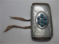 Large Silver-Tone & Turquoise On Leather Bracelet