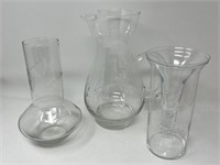 Trio Set Fine Etched Glass Pitcher, Vases