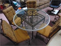 Round Glass top table Iron base and 4 Iron chairs